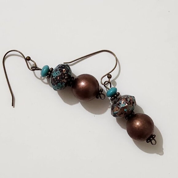 Hand Crafted Pierced Bead Earrings Turquoise Bronze Dangle Drop - Picture 2 of 5
